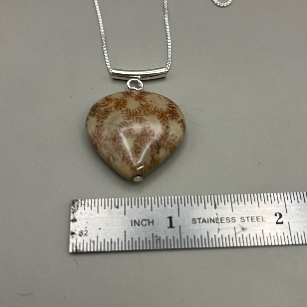 Heart-Shaped Brown Fossil Coral Stone Necklace with Sterling Silver Chain - Picture 5 of 5